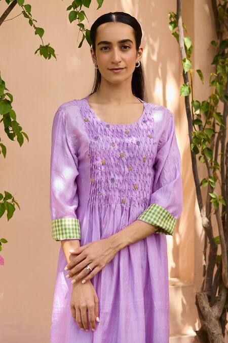 Surmaye Purple Silk Beads Round Neck Bloom Embellished Smocked Yoke Kurta With Pant Online at Aza Fashions Surmaye_Purple Silk Beads Round Neck Bloom Embellished Smocked Yoke Kurta With Pant _Online_at_Aza_Fashions