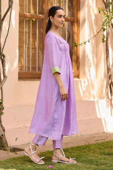 Buy Surmaye Purple Silk Beads Round Neck Bloom Embellished Smocked Yoke Kurta With Pant Online at Aza Fashions Buy_Surmaye_Purple Silk Beads Round Neck Bloom Embellished Smocked Yoke Kurta With Pant _Online_at_Aza_Fashions