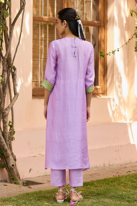 Shop Surmaye Purple Silk Beads Round Neck Bloom Embellished Smocked Yoke Kurta With Pant at Aza Fashions Shop_Surmaye_Purple Silk Beads Round Neck Bloom Embellished Smocked Yoke Kurta With Pant _at_Aza_Fashions