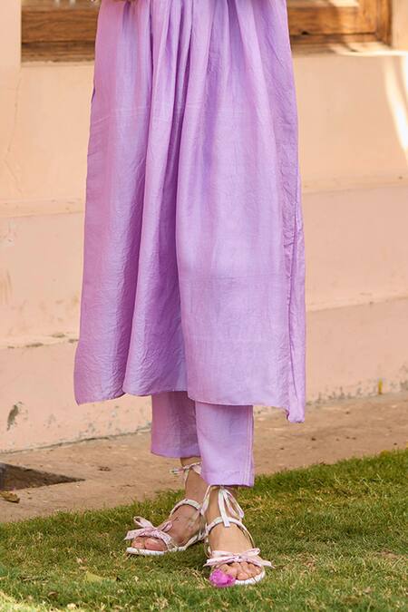 Surmaye Purple Silk Beads Round Neck Bloom Embellished Smocked Yoke Kurta With Pant at Aza Fashions Surmaye_Purple Silk Beads Round Neck Bloom Embellished Smocked Yoke Kurta With Pant _at_Aza_Fashions