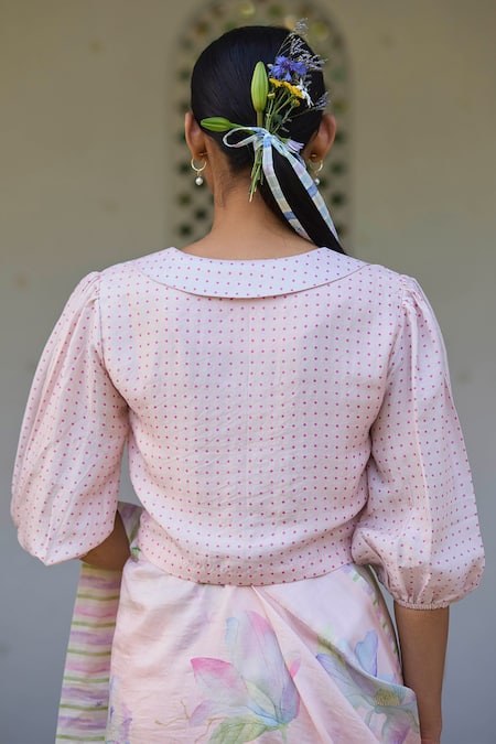 Shop Surmaye Pink Handloom Cotton Round Neck Dew Drops Print Blouse at Aza Fashions Shop_Surmaye_Pink Handloom Cotton Round Neck Dew Drops Print Blouse _at_Aza_Fashions