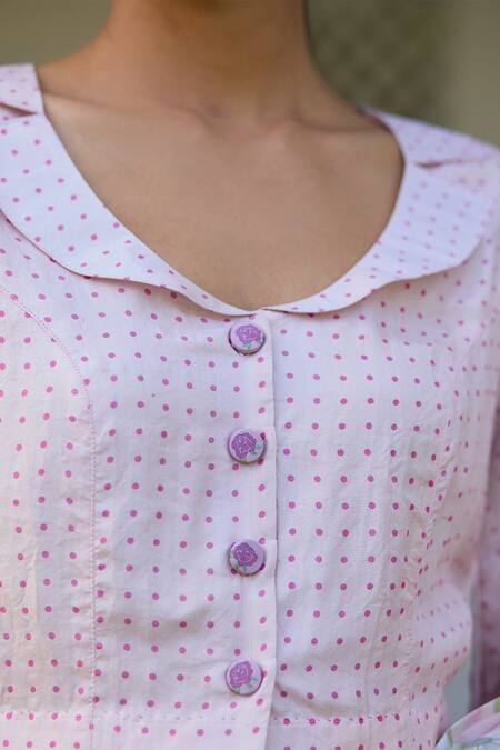 Surmaye Pink Handloom Cotton Round Neck Dew Drops Print Blouse Online at Aza Fashions Surmaye_Pink Handloom Cotton Round Neck Dew Drops Print Blouse _Online_at_Aza_Fashions