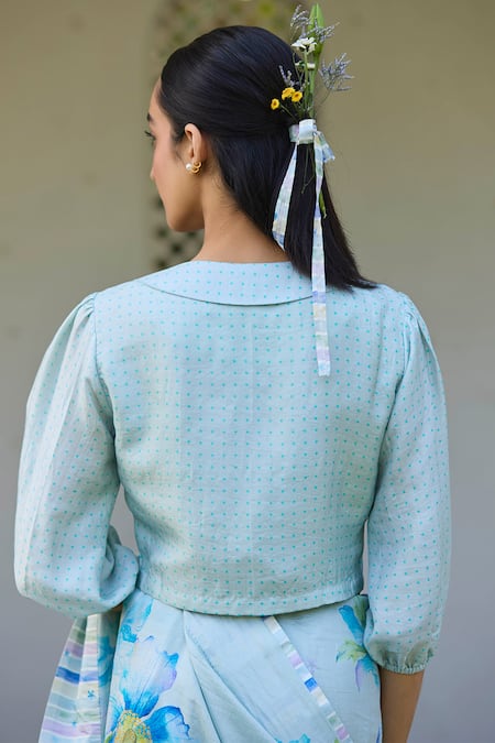 Shop Surmaye Blue Handloom Cotton Round Neck Dew Drops Print Collar Blouse at Aza Fashions Shop_Surmaye_Blue Handloom Cotton Round Neck Dew Drops Print Collar Blouse _at_Aza_Fashions