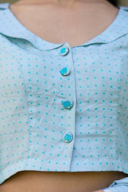 Surmaye Blue Handloom Cotton Round Neck Dew Drops Print Collar Blouse Online at Aza Fashions Surmaye_Blue Handloom Cotton Round Neck Dew Drops Print Collar Blouse _Online_at_Aza_Fashions