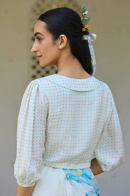 Shop Surmaye Ivory Silk Round Neck Ditsy Drops Print Collar Blouse at Aza Fashions Shop_Surmaye_Ivory Silk Round Neck Ditsy Drops Print Collar Blouse _at_Aza_Fashions
