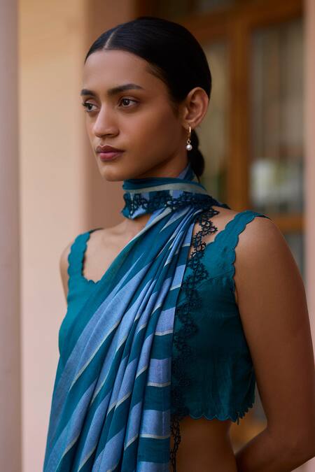 Surmaye_Blue Silk Round Neck Horizon Scallop Cutwork Edge Solid Blouse _Online_at_Aza_Fashions