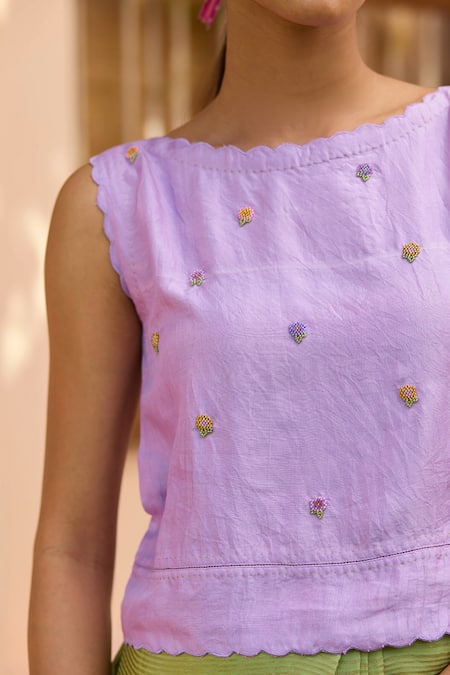 Surmaye Purple Silk Beads Boat Neck Awakening Bloom Embellished Blouse Online at Aza Fashions Surmaye_Purple Silk Beads Boat Neck Awakening Bloom Embellished Blouse _Online_at_Aza_Fashions