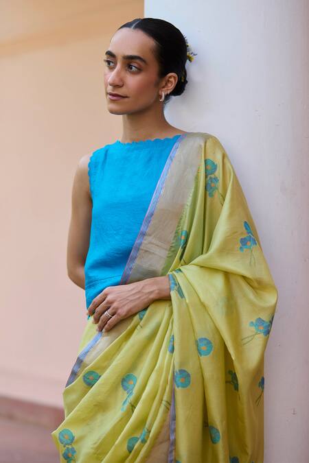 Surmaye Blue Silk Boat Neck Enlighten Scallop Edged Blouse Online at Aza Fashions Surmaye_Blue Silk Boat Neck Enlighten Scallop Edged Blouse _Online_at_Aza_Fashions