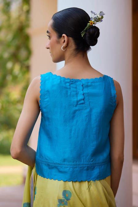 Shop Surmaye Blue Silk Boat Neck Enlighten Scallop Edged Blouse at Aza Fashions Shop_Surmaye_Blue Silk Boat Neck Enlighten Scallop Edged Blouse _at_Aza_Fashions