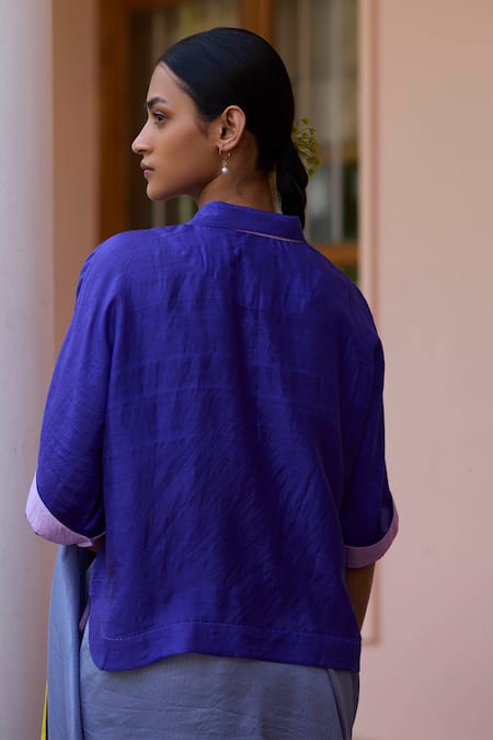 Shop Surmaye Purple Silk Collared Rustling Whispers Blouse at Aza Fashions Shop_Surmaye_Purple Silk Collared Rustling Whispers Blouse _at_Aza_Fashions