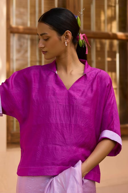 Surmaye Magenta Silk Collared Rustling Whispers Solid Blouse Online at Aza Fashions Surmaye_Magenta Silk Collared Rustling Whispers Solid Blouse _Online_at_Aza_Fashions