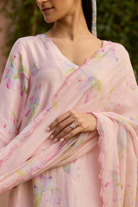 Surmaye_Pink Chanderi Embroidery Sunkissed Magnolia Print Dupatta _Online_at_Aza_Fashions