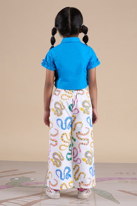 Shop_Lil Drama_Blue Cotton Ruffles Shirt And Printed Pant Set _at_Aza_Fashions