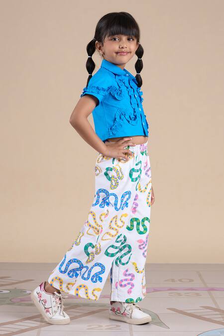 Lil Drama_Blue Cotton Ruffles Shirt And Printed Pant Set _Online_at_Aza_Fashions