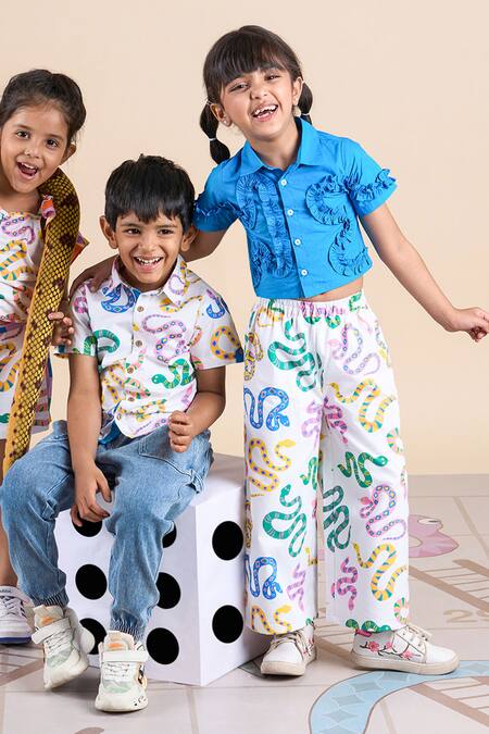 Lil Drama_Blue Cotton Ruffles Shirt And Printed Pant Set _at_Aza_Fashions