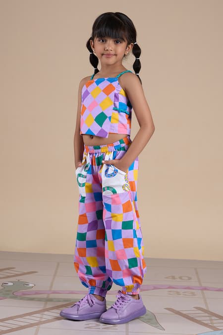 Lil Drama_Multi Color Cotton Checkered Print Top And Pant Set _Online_at_Aza_Fashions