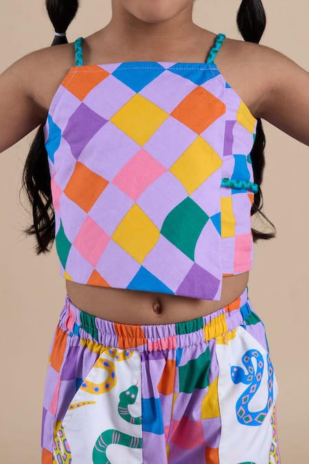 Buy_Lil Drama_Multi Color Cotton Checkered Print Top And Pant Set _Online_at_Aza_Fashions