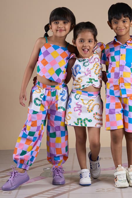 Lil Drama_Multi Color Cotton Checkered Print Top And Pant Set _at_Aza_Fashions