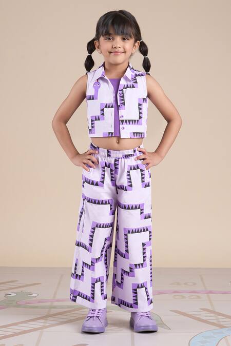 Lil Drama_Purple Cotton Snake Print Top And Pant Set _Online_at_Aza_Fashions