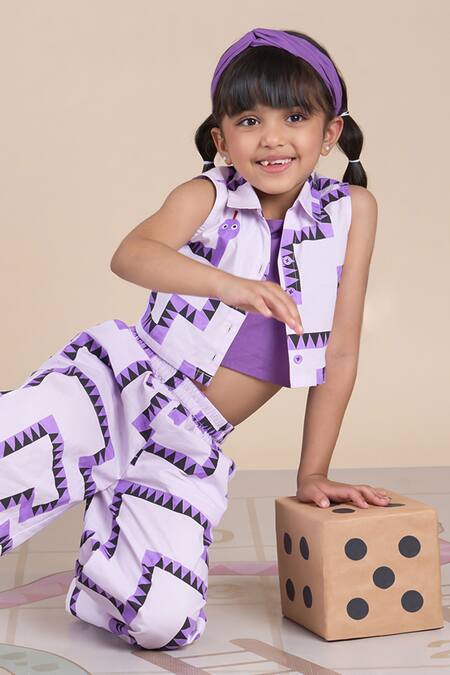 Buy_Lil Drama_Purple Cotton Snake Print Top And Pant Set 