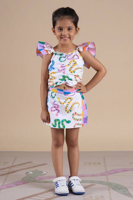 Shop_Lil Drama_Multi Color Cotton Snake Print Top And Skorts Set _Online_at_Aza_Fashions
