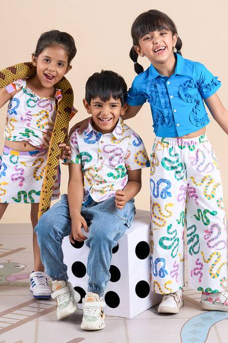 Shop_Lil Drama_Multi Color Cotton Snake Print Top And Skorts Set 