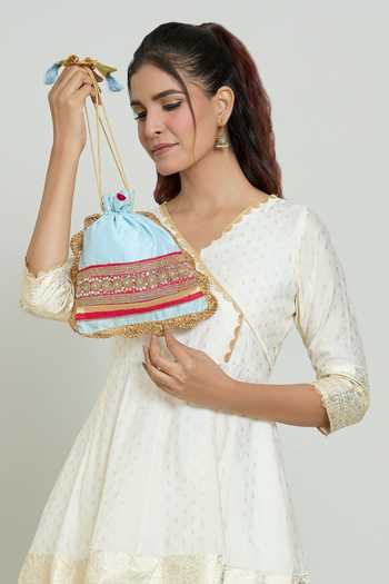 Kalakaari By Sagarika_Blue Mirrors, Beads, Embroidery Floral Potli Bag _Online_at_Aza_Fashions