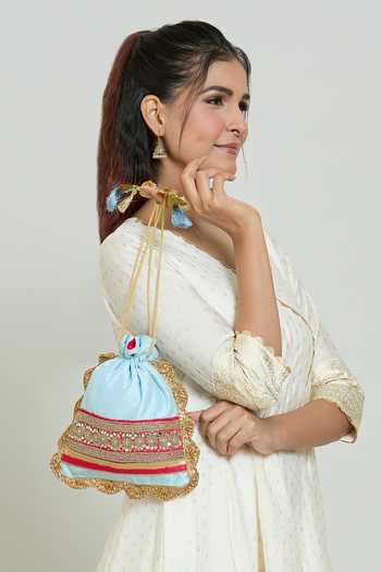 Buy_Kalakaari By Sagarika_Blue Mirrors, Beads, Embroidery Floral Potli Bag _Online_at_Aza_Fashions