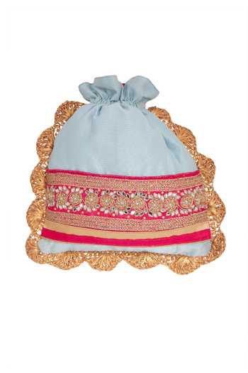Shop_Kalakaari By Sagarika_Blue Mirrors, Beads, Embroidery Floral Potli Bag _Online_at_Aza_Fashions