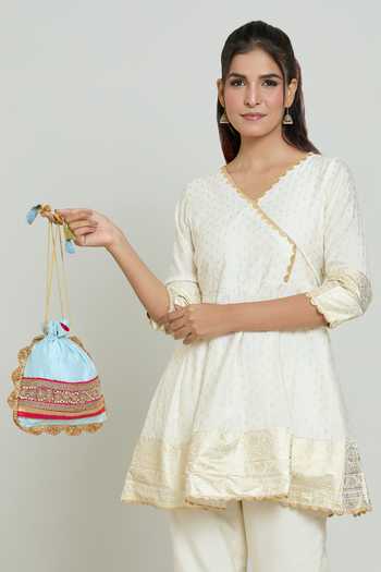 Kalakaari By Sagarika_Blue Mirrors, Beads, Embroidery Floral Potli Bag _at_Aza_Fashions