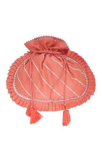 Shop Kalakaari By Sagarika Coral Gota Patti Stripe Embroidered Potli Bag at Aza Fashions Shop_Kalakaari By Sagarika_Coral Gota Patti Stripe Embroidered Potli Bag _at_Aza_Fashions