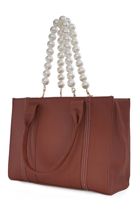NR By Nidhi Rathi_Brown Stitchline Thread Rectangle Shaped Tote Bag_at_Aza_Fashions