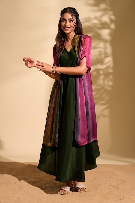 Buy_Whimsical By Shica x AZA_Multi Color Organza, Satin V-neck Stroke Print Jacket Dress _Online_at_Aza_Fashions