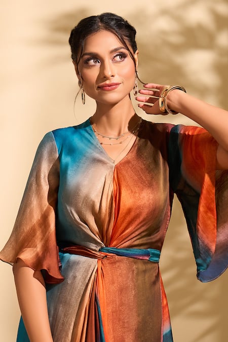 Buy Whimsical By Shica X AZA Blue Satin V-neck Stroke Print Dress With Belt Online at Aza Fashions Buy_Whimsical By Shica X AZA_Blue Satin V-neck Stroke Print Dress With Belt _Online_at_Aza_Fashions