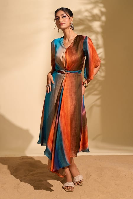 Shop Whimsical By Shica X AZA Blue Satin V-neck Stroke Print Dress With Belt Online at Aza Fashions Shop_Whimsical By Shica X AZA_Blue Satin V-neck Stroke Print Dress With Belt _Online_at_Aza_Fashions