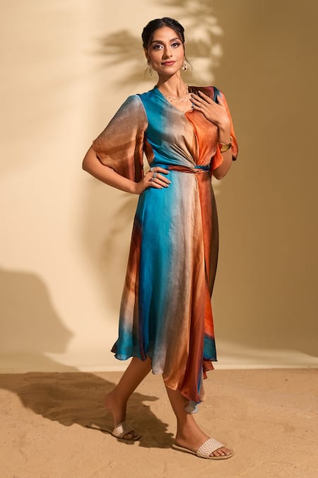 Whimsical By Shica X AZA Blue Satin V-neck Stroke Print Dress With Belt at Aza Fashions Whimsical By Shica X AZA_Blue Satin V-neck Stroke Print Dress With Belt _at_Aza_Fashions