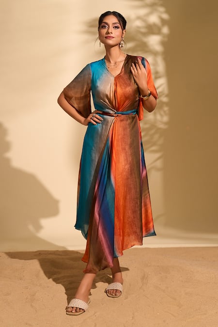 Shop Whimsical By Shica X AZA Blue Satin V-neck Stroke Print Dress With Belt Shop_Whimsical By Shica X AZA_Blue Satin V-neck Stroke Print Dress With Belt