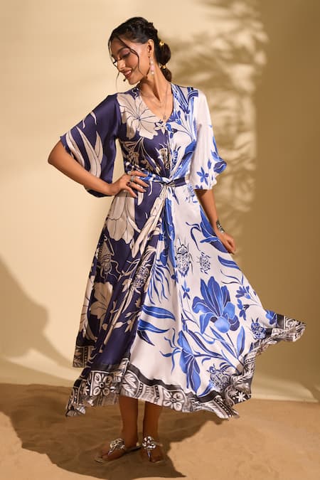 Buy_Whimsical By Shica X AZA_Blue Crepe Beads V-neck Floral Print Tie Up Dress With Belt _Online_at_Aza_Fashions