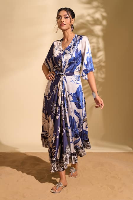 Shop_Whimsical By Shica X AZA_Blue Crepe Beads V-neck Floral Print Tie Up Dress With Belt _Online_at_Aza_Fashions