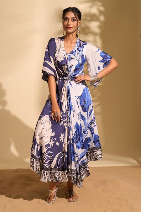 Buy_Whimsical By Shica X AZA_Blue Crepe Beads V-neck Floral Print Tie Up Dress With Belt 