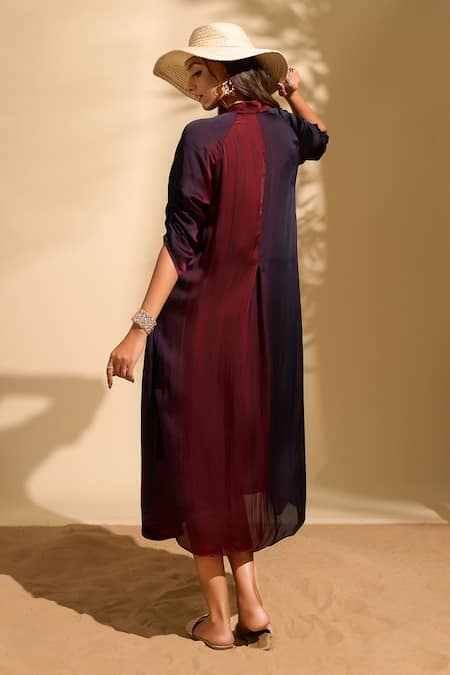 Whimsical By Shica X AZA_Maroon Organza, Satin V-neck Stroke Print Jacket Dress _Online_at_Aza_Fashions