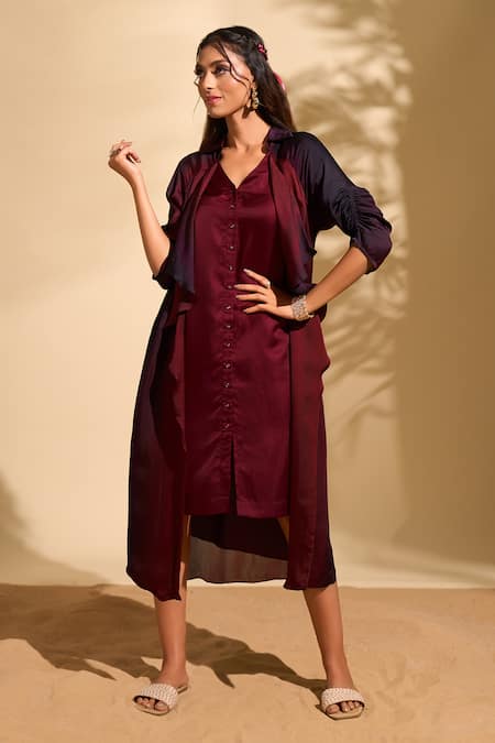 Buy_Whimsical By Shica X AZA_Maroon Organza, Satin V-neck Stroke Print Jacket Dress _Online_at_Aza_Fashions