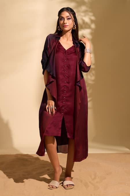 Shop_Whimsical By Shica X AZA_Maroon Organza, Satin V-neck Stroke Print Jacket Dress _Online_at_Aza_Fashions
