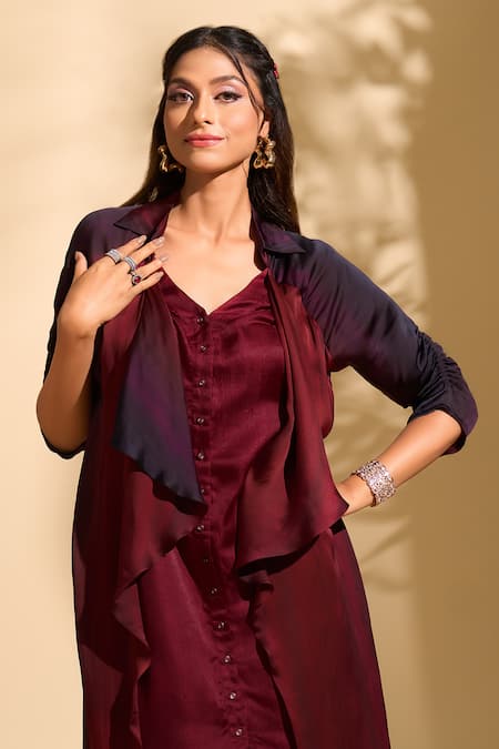 Whimsical By Shica X AZA_Maroon Organza, Satin V-neck Stroke Print Jacket Dress _at_Aza_Fashions
