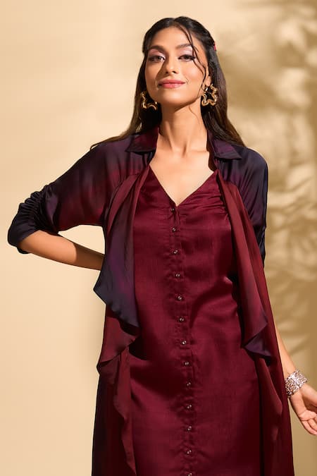 Buy_Whimsical By Shica X AZA_Maroon Organza, Satin V-neck Stroke Print Jacket Dress 
