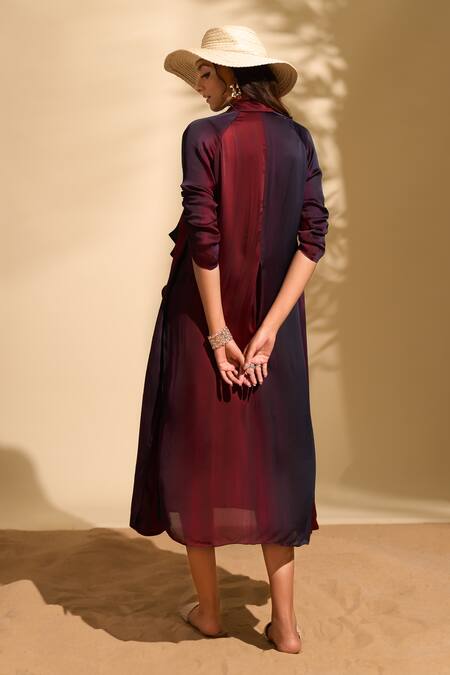 Shop_Whimsical By Shica X AZA_Maroon Organza, Satin V-neck Stroke Print Jacket Dress 