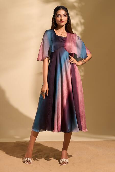 Whimsical By Shica x AZA Multi Color Organza Satin Printed Stroke Blunt V Neck Dress 