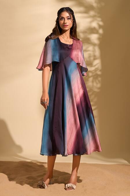 Buy_Whimsical By Shica X AZA_Multi Color Organza, Satin V-neck Stroke Print Dress _Online_at_Aza_Fashions