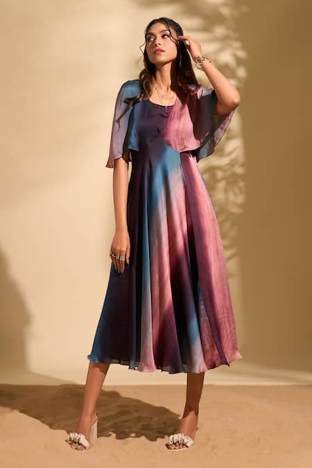 Shop_Whimsical By Shica X AZA_Multi Color Organza, Satin V-neck Stroke Print Dress _Online_at_Aza_Fashions