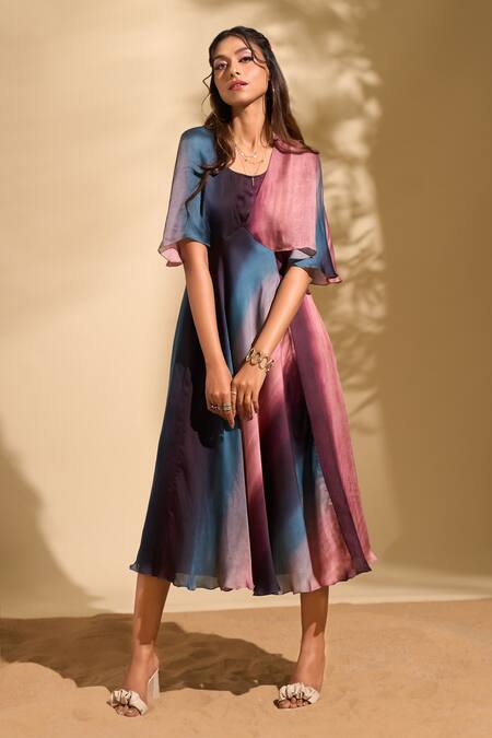 Whimsical By Shica X AZA_Multi Color Organza, Satin V-neck Stroke Print Dress _at_Aza_Fashions